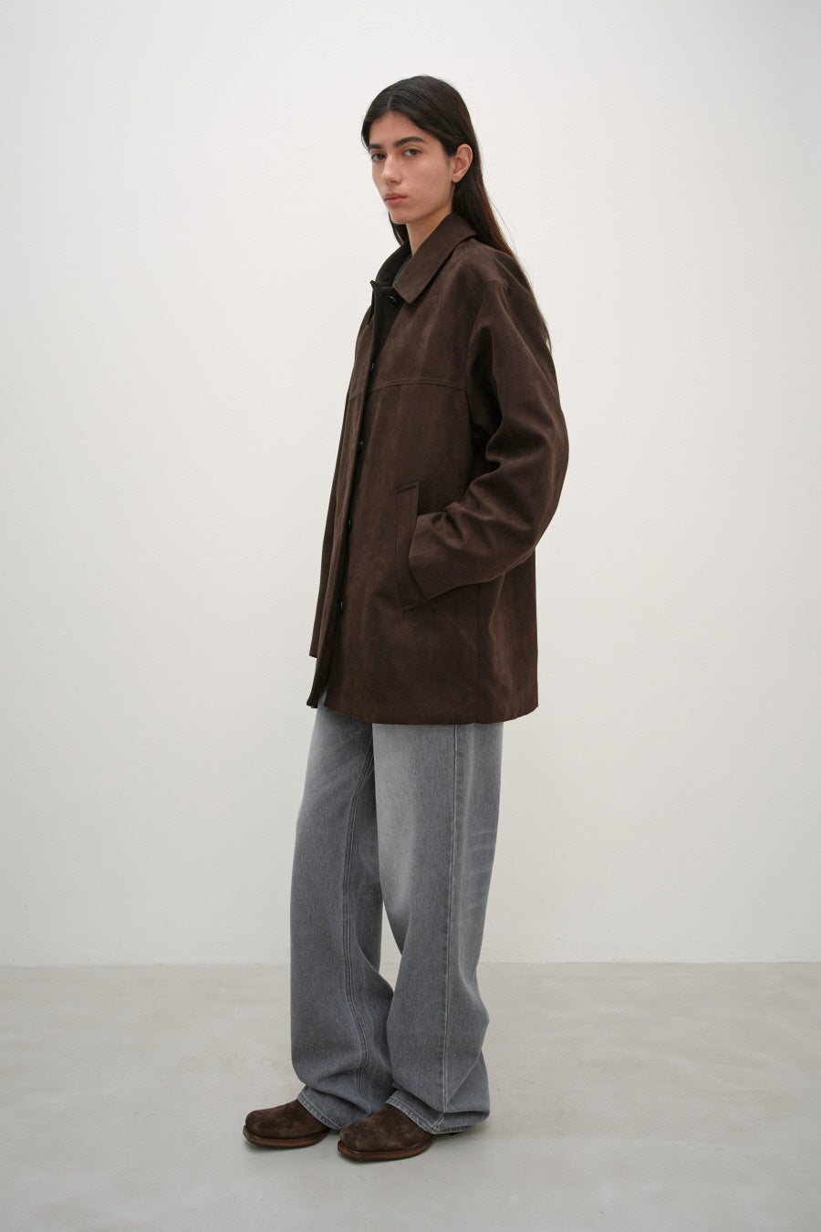 Insilence - Faux Suede Car Coat (Dark Brown) product image 4 | TRAB K-Fashion Australia