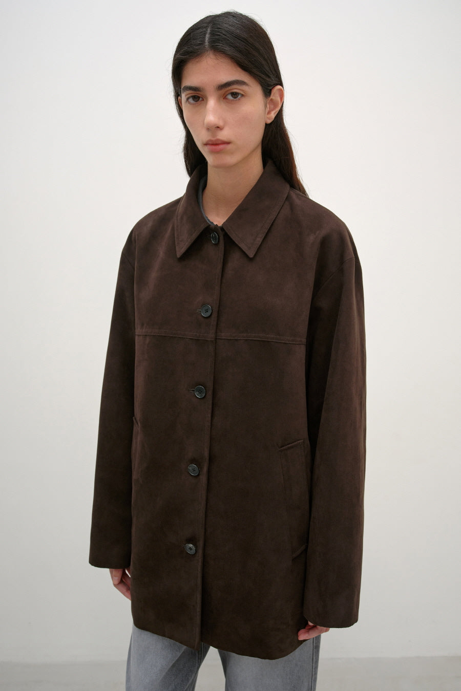 Insilence - Faux Suede Car Coat (Dark Brown) product image 6 | TRAB K-Fashion Australia