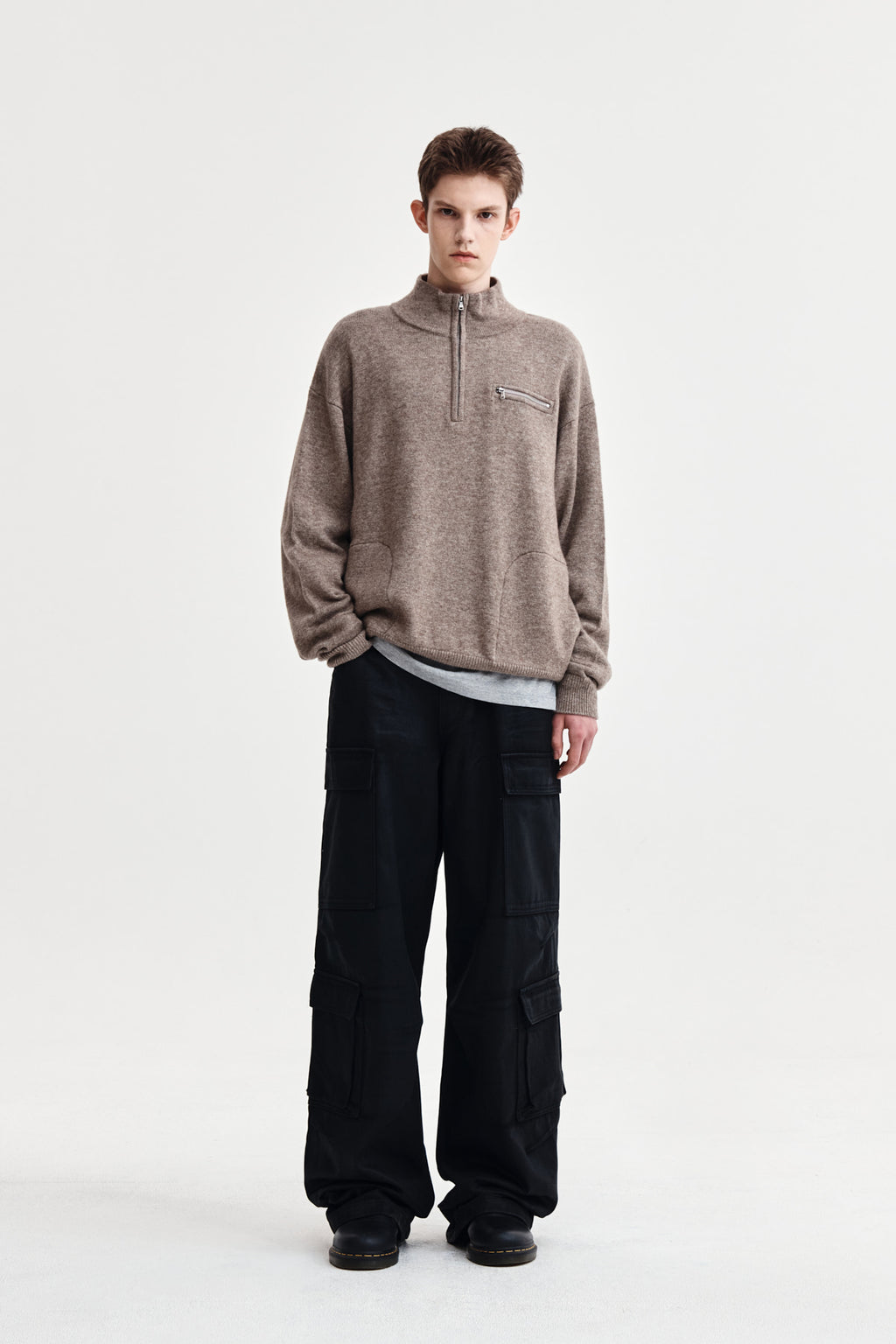 Matin Kim - Back Logo Half Knit Zip Up Pullover (Dark Beige) product image 9 | TRAB K-Fashion Australia