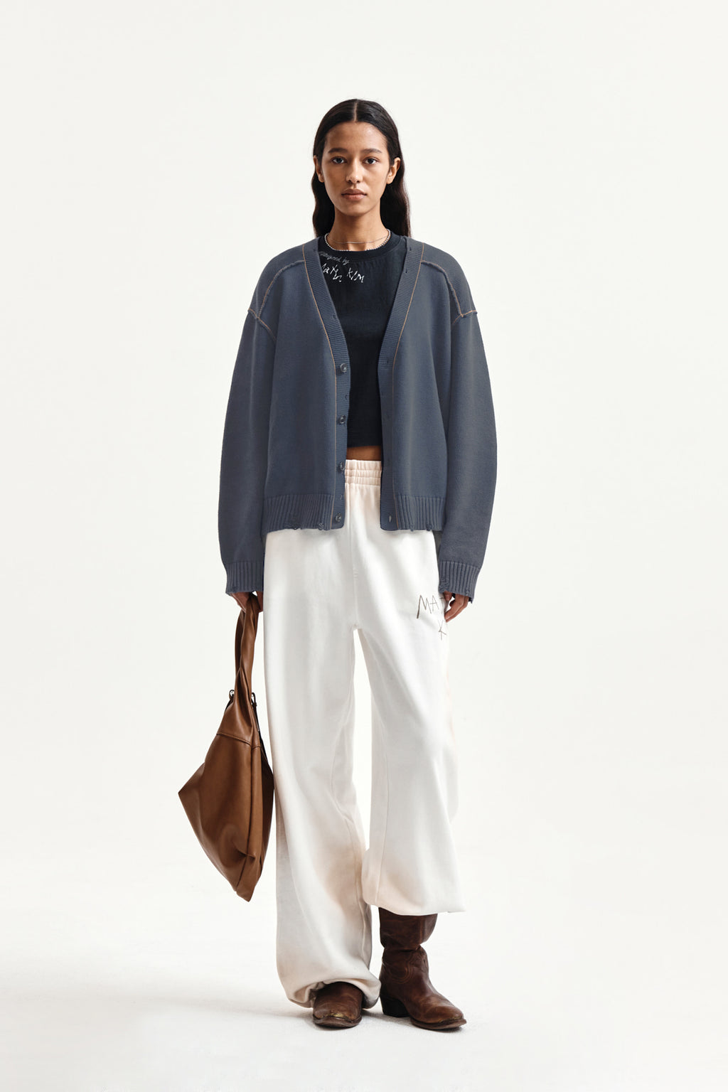 Matin Kim - Back Logo Line Point Knit Cardigan (Smoke Blue) product image 9 | TRAB K-Fashion Australia