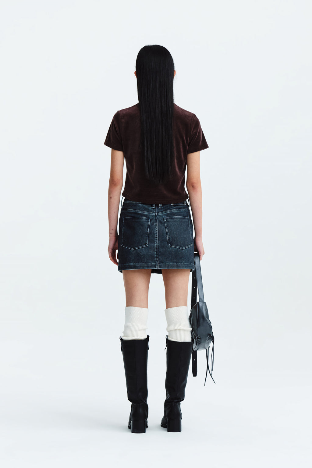 Matin Kim - Logo Emboss Velvet Crop Top (Brown) product image 8 | TRAB K-Fashion Australia