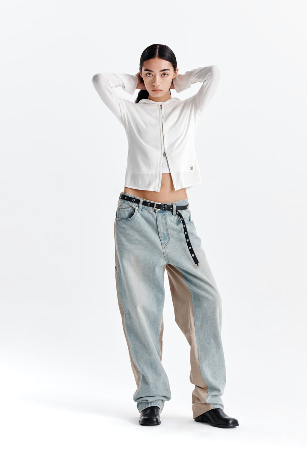 Matin Kim - Sleeve Hole Point Hoody Knit Zip Up (White) product image 9 | TRAB K-Fashion Australia