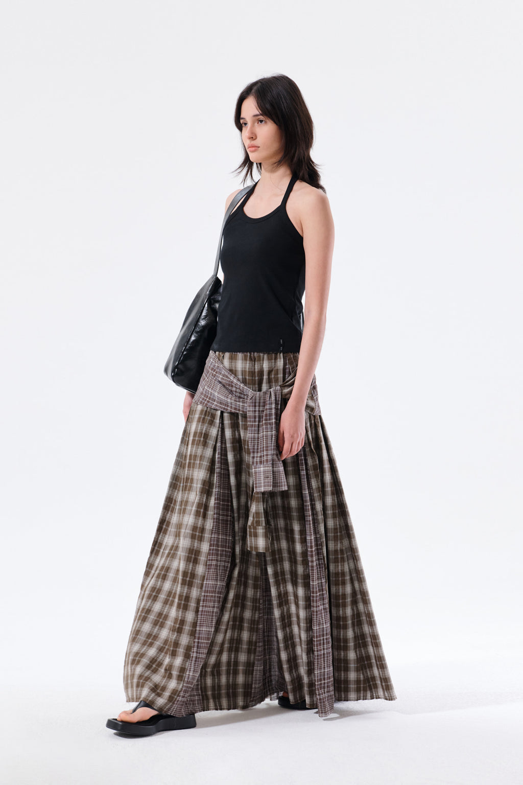 Matin Kim - Mixed Check Sleeve Tie Flare Skirt (Brown) product image 12 | TRAB K-Fashion Australia