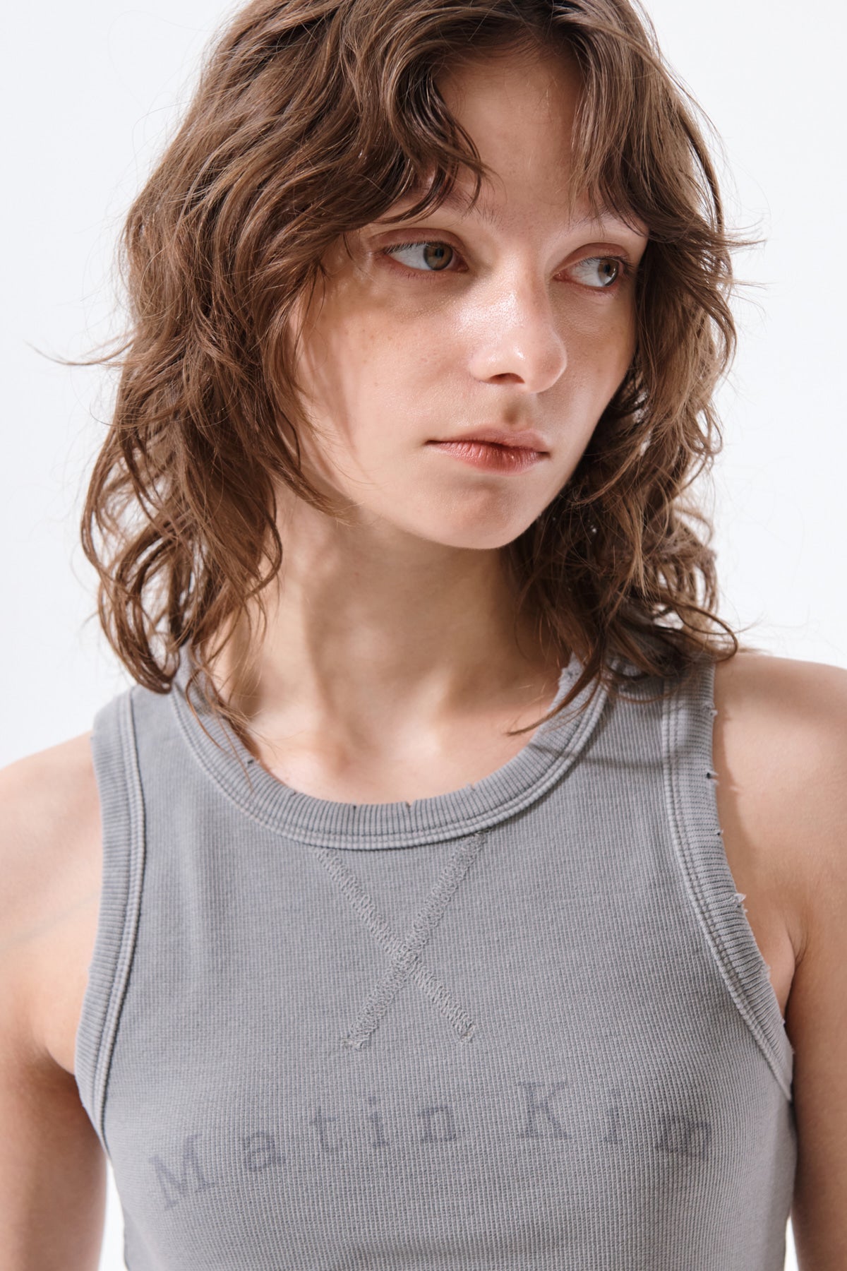 Matin Kim - Distressed Sleeveless Logo Top (Light Grey) product image 11 | TRAB K-Fashion Australia