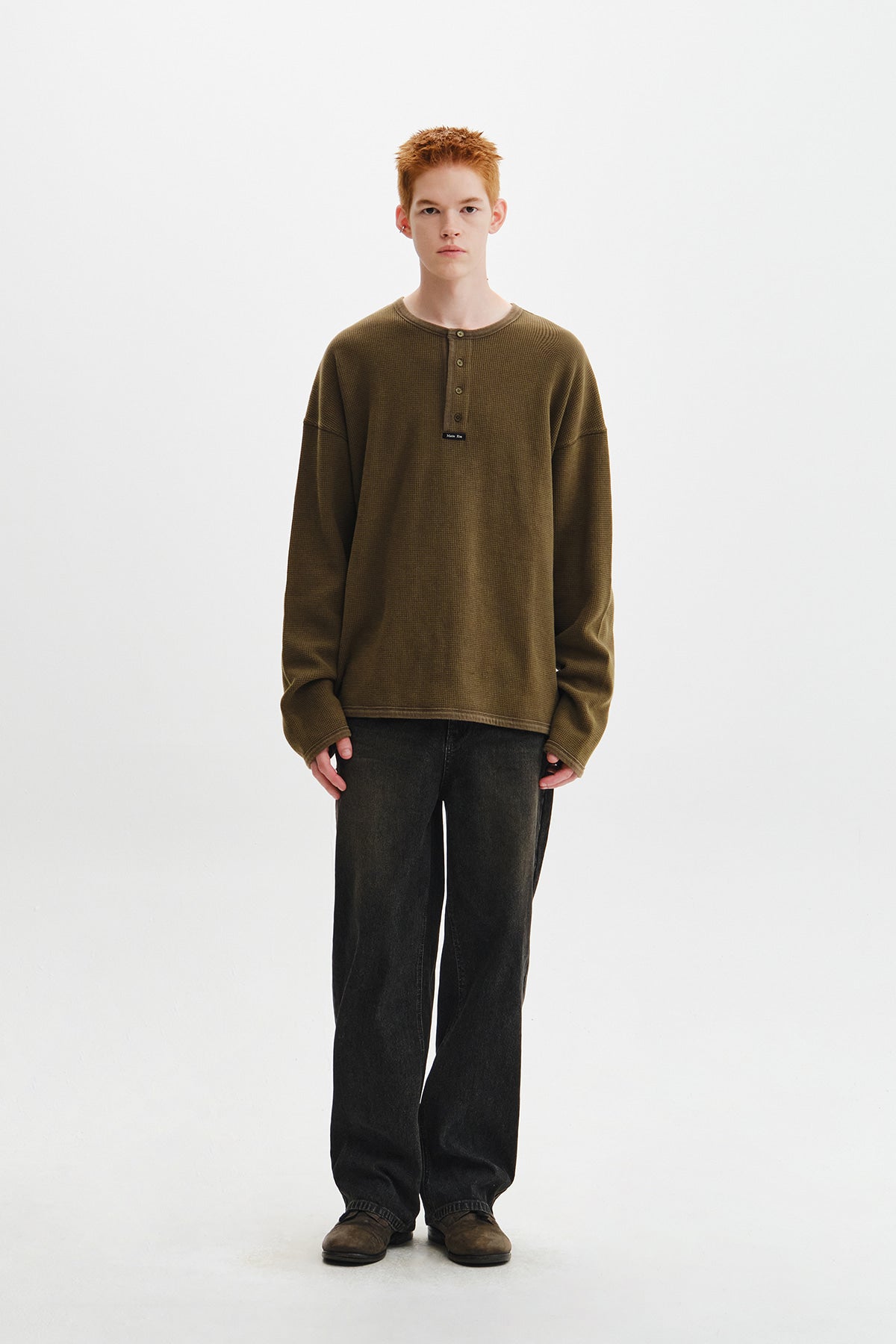 Matin Kim - Matin Washed Waffle Henley Neck Top (Khaki) product image 11 | TRAB K-Fashion Australia