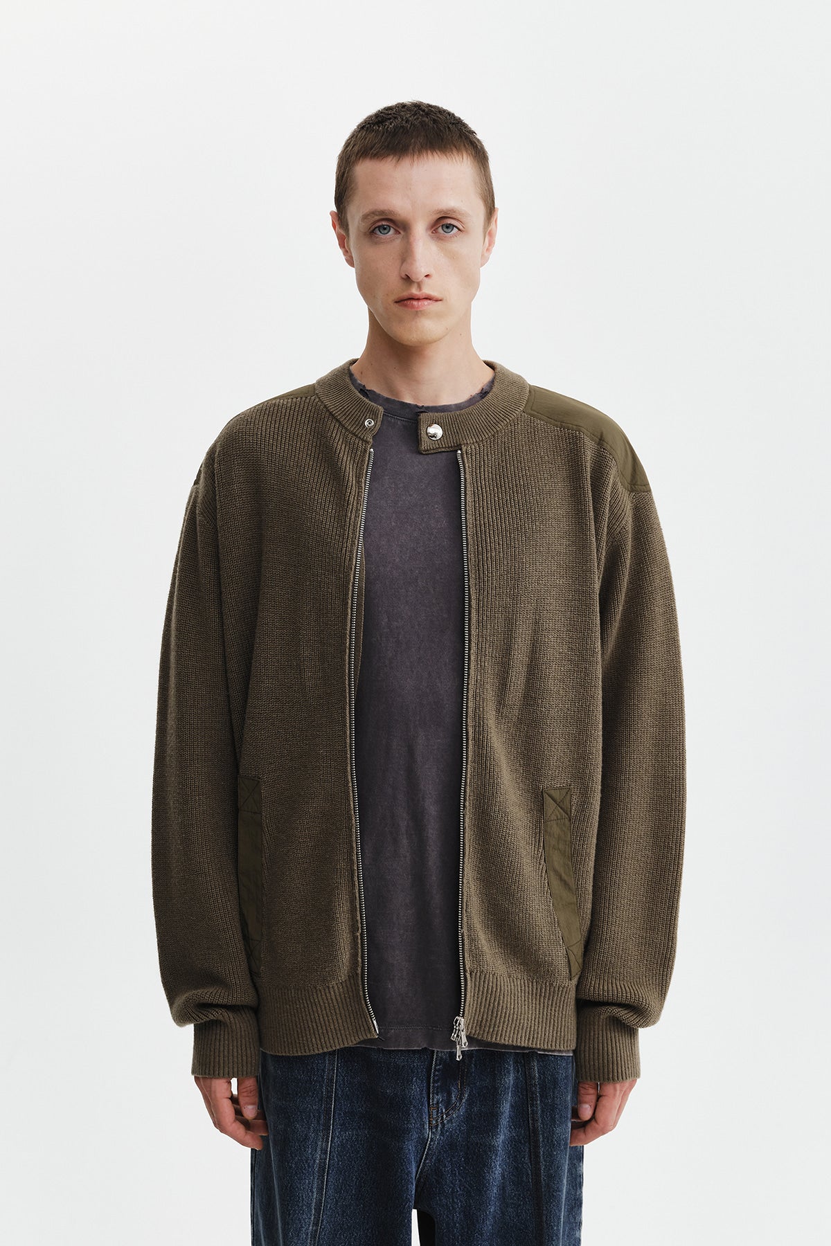 Matin Kim - Patch Detail Knit Zip Up (Khaki) product image 11 | TRAB K-Fashion Australia
