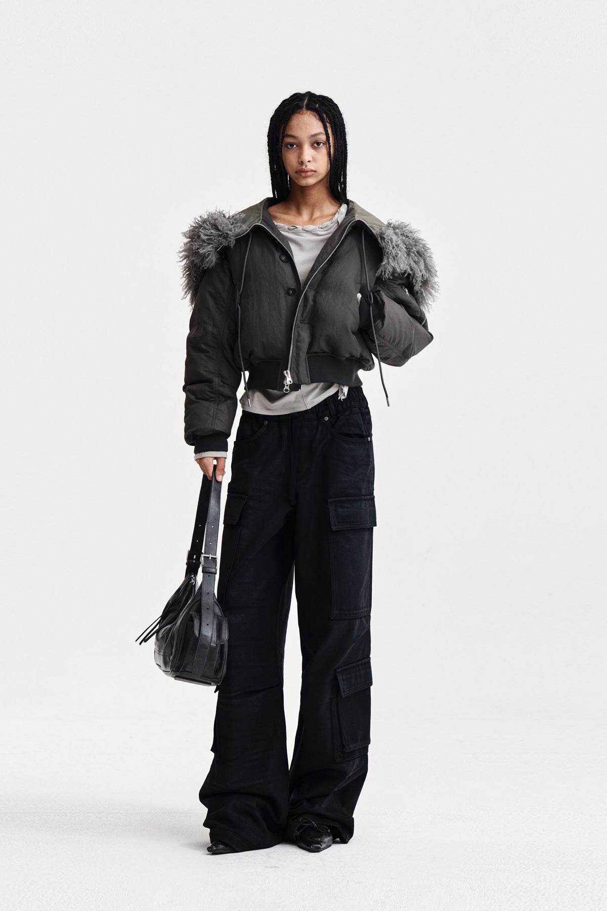 Matin Kim - Fur Hoody Bomber Down Jumper (Dark Grey) product image 8 | TRAB K-Fashion Australia