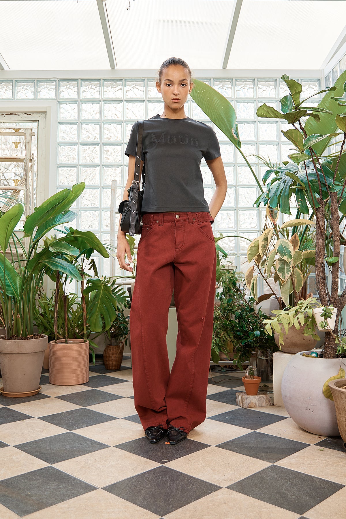Matin Kim - Waist Buckle Curved Dying Denim Pants (Red) product image 11 | TRAB K-Fashion Australia