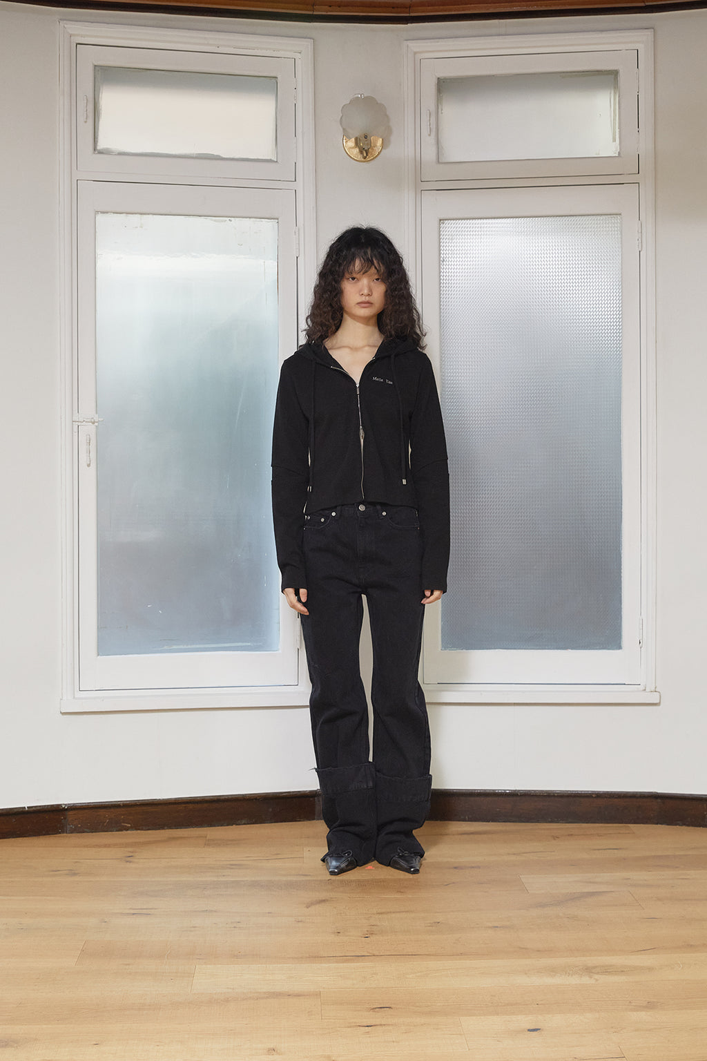 Matin Kim - Sleeve Slit Point Hoody Zip Up (Black) product image 16 | TRAB K-Fashion Australia