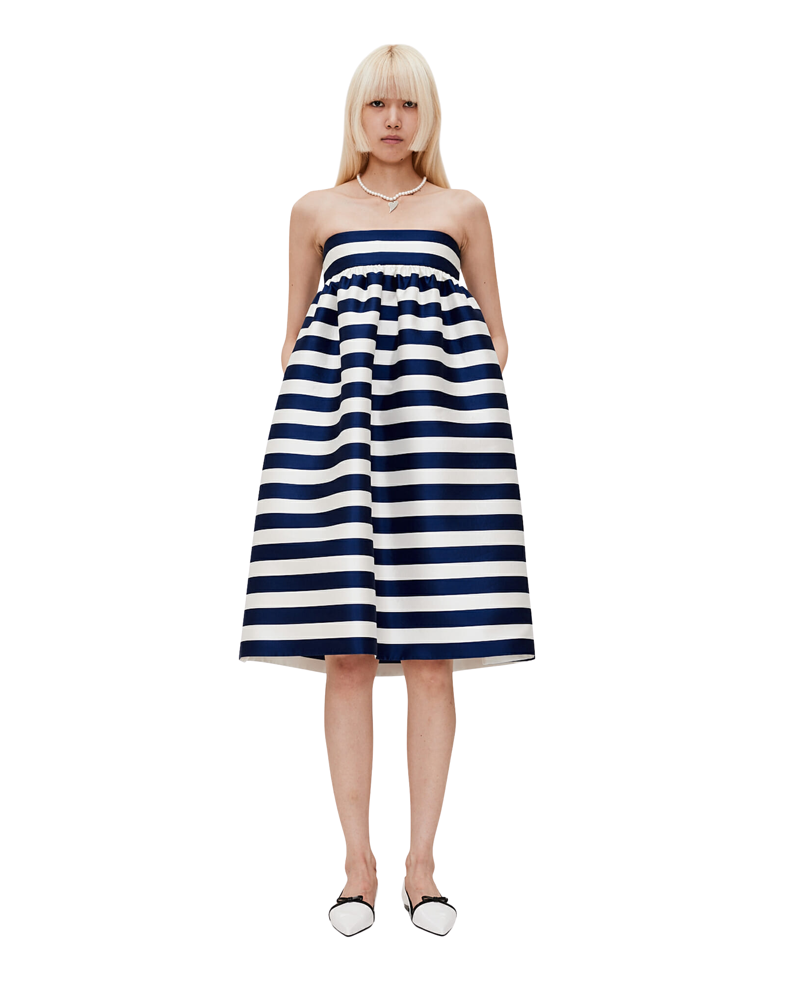 Kimhe Kim - Striped Mikado Silk Midi Dress (Navy) product image 1 | TRAB K-Fashion Australia