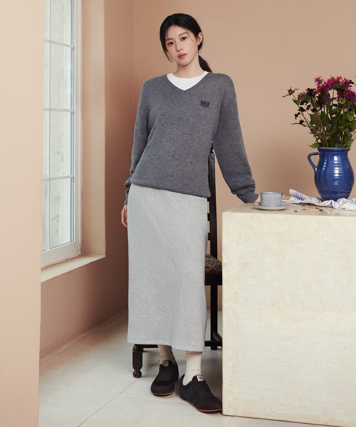 Marithe & Francois Girbaud - Classic Logo Long Sweat Skirt (Heather Gray) product image 1 | TRAB K-Fashion Australia