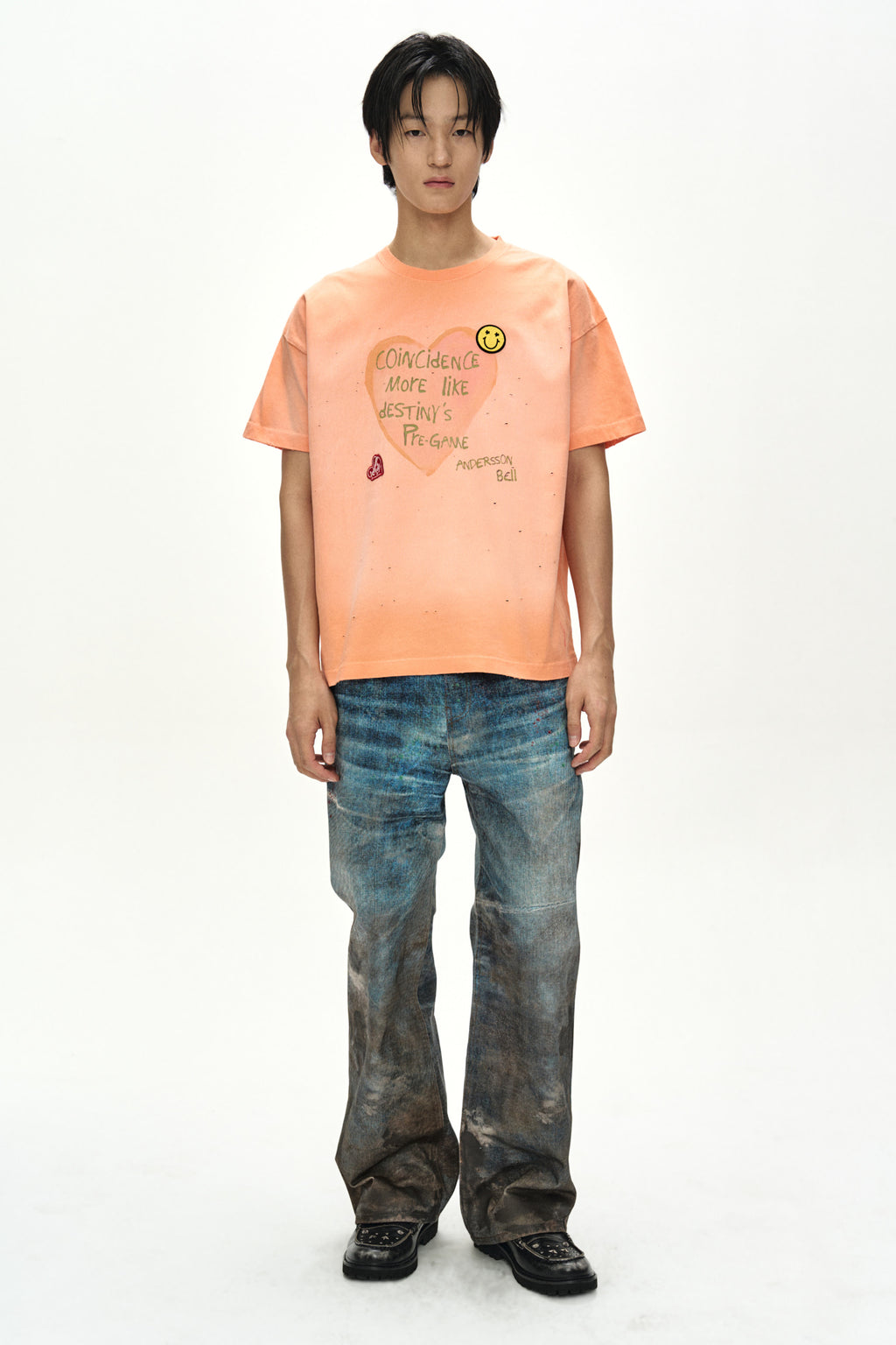 Andersson Bell - (essential) Unisex Spray Washed Heart Message T-Shirt (Orange) product image 8 | TRAB K-Fashion Australia