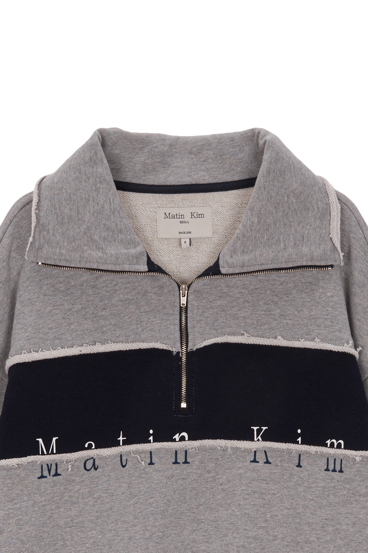 Matin Kim - Cutted Logo Half Zip Sweatshirt (Grey) product image 3 | TRAB K-Fashion Australia