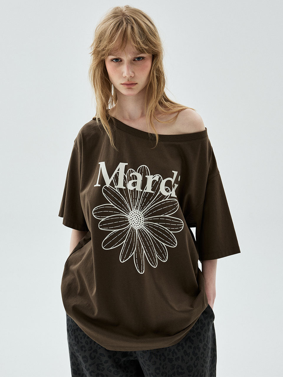 Mardi Mercredi - [Pre-Order – Ships July 6] Oversized Tshirt Off Shoulder Flowermardi (Khakibrown Beige) product image 1 | TRAB K-Fashion Australia