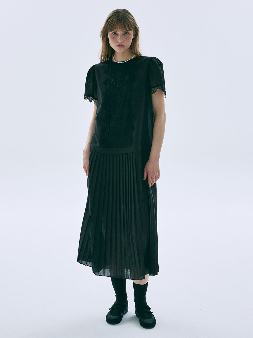 Mardi Mercredi - Sheer Cotton Pleated Maxi Dress Lace (Black) product image 1 | TRAB K-Fashion Australia