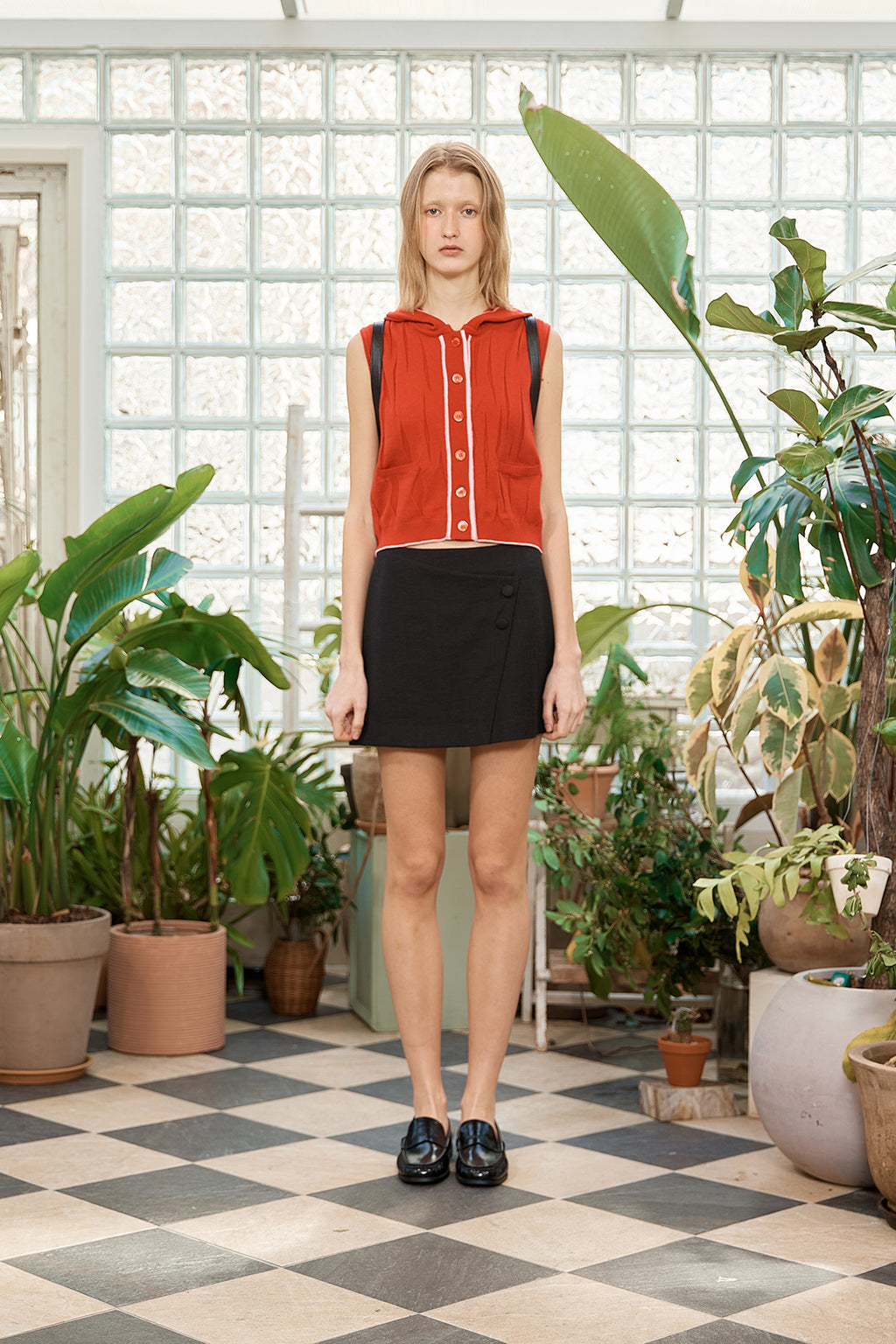 Matin Kim - Wrinkle Hoody Button Knit Vest (Red) product image 6 | TRAB K-Fashion Australia