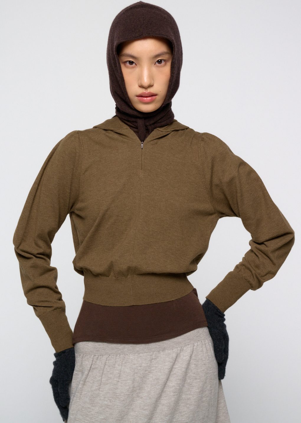 Amomento - Shirring half zip up knit hoodie (Khaki) product image 5 | TRAB K-Fashion Australia