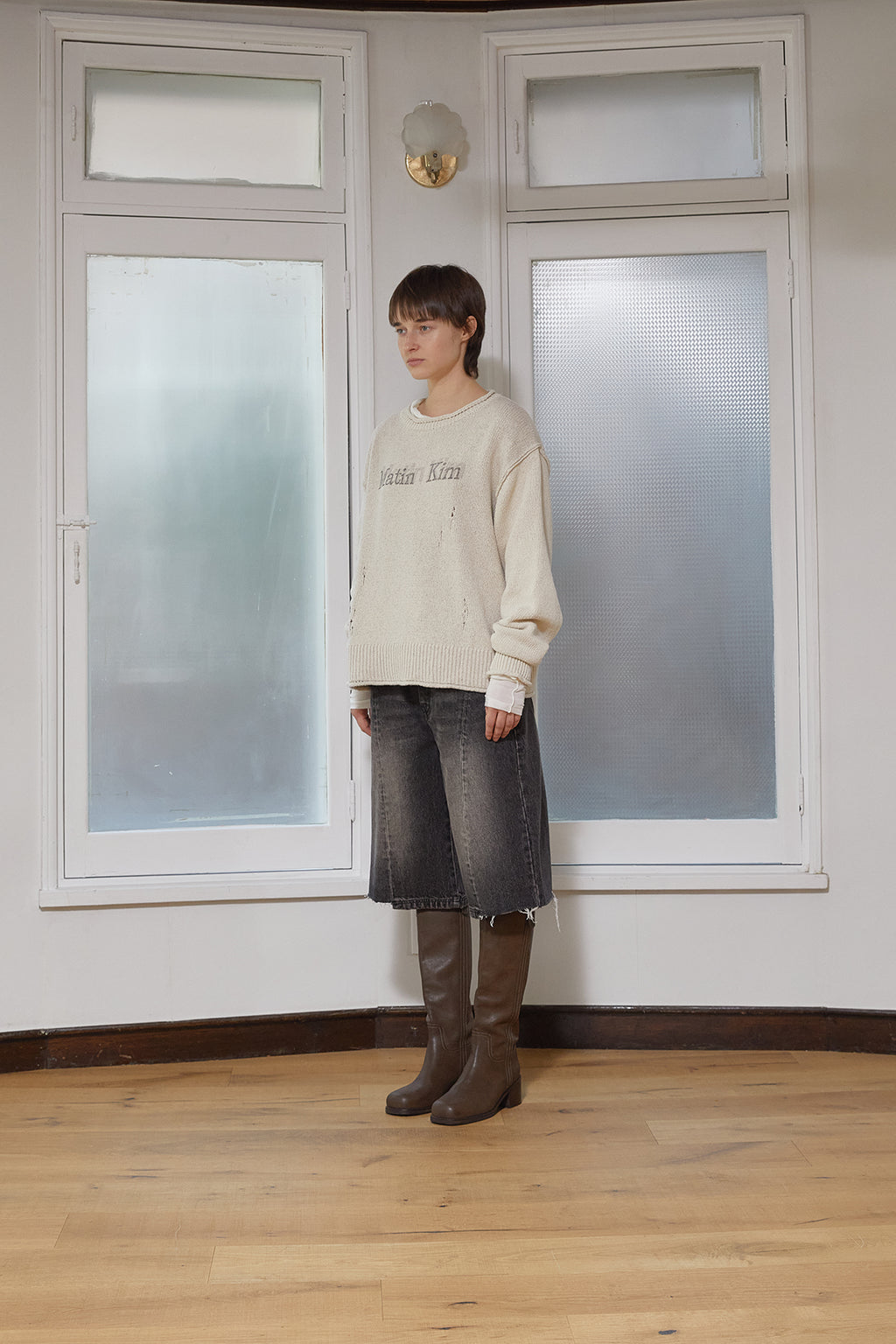 Matin Kim - Crack Logo Vintage Knit Pullover (Beige) product image 6 | TRAB K-Fashion Australia