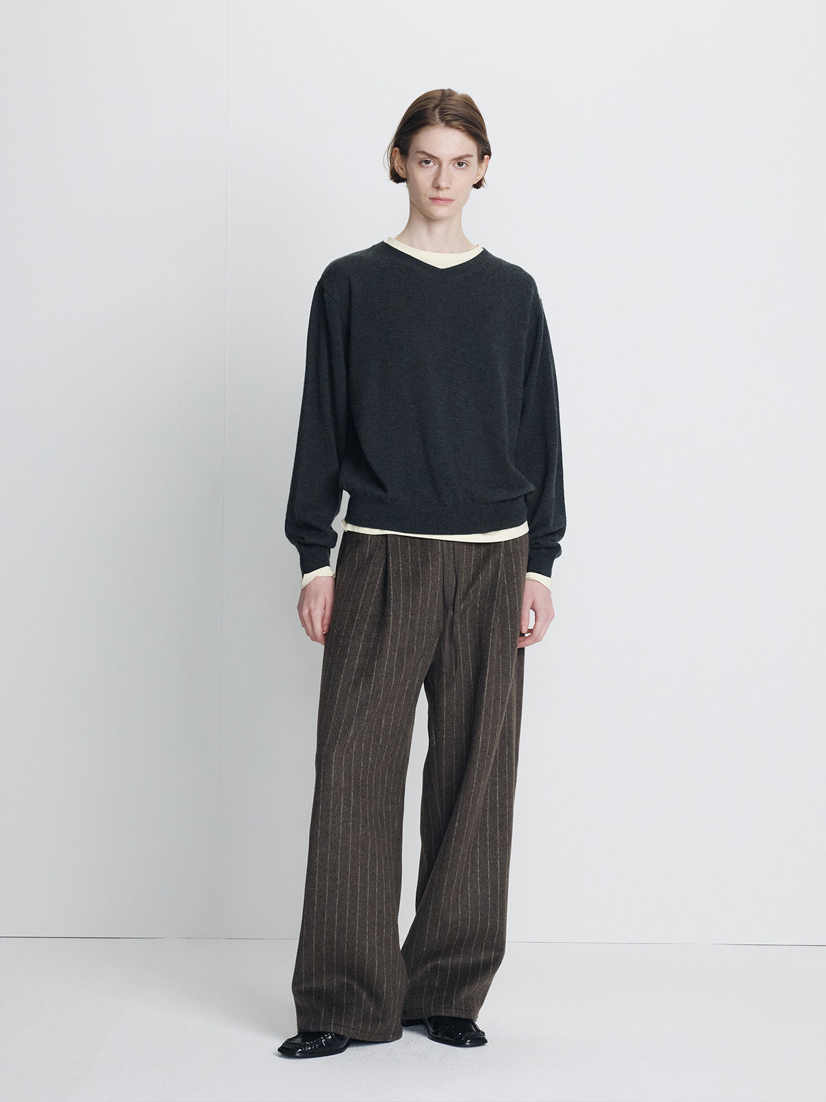 Tonywack - Wool Wide-Leg Banding Trousers (Brown Stripe) product image 1 | TRAB K-Fashion Australia