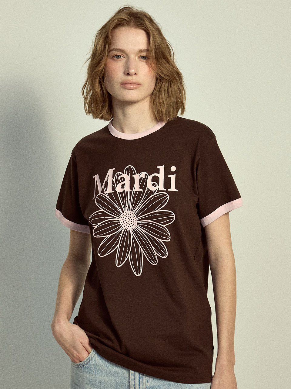 Mardi Mercredi - Slim Ringer Tshirt Flowermardi (Brown Palepink) product image 1 | TRAB K-Fashion Australia