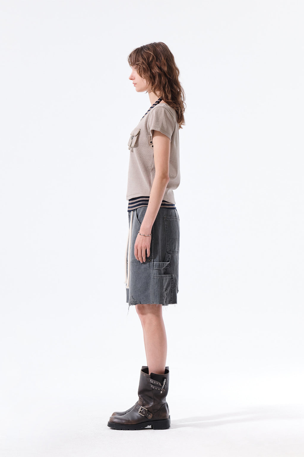 Matin Kim - Heringbone Raw Cut Denim Shorts (Grey) product image 7 | TRAB K-Fashion Australia
