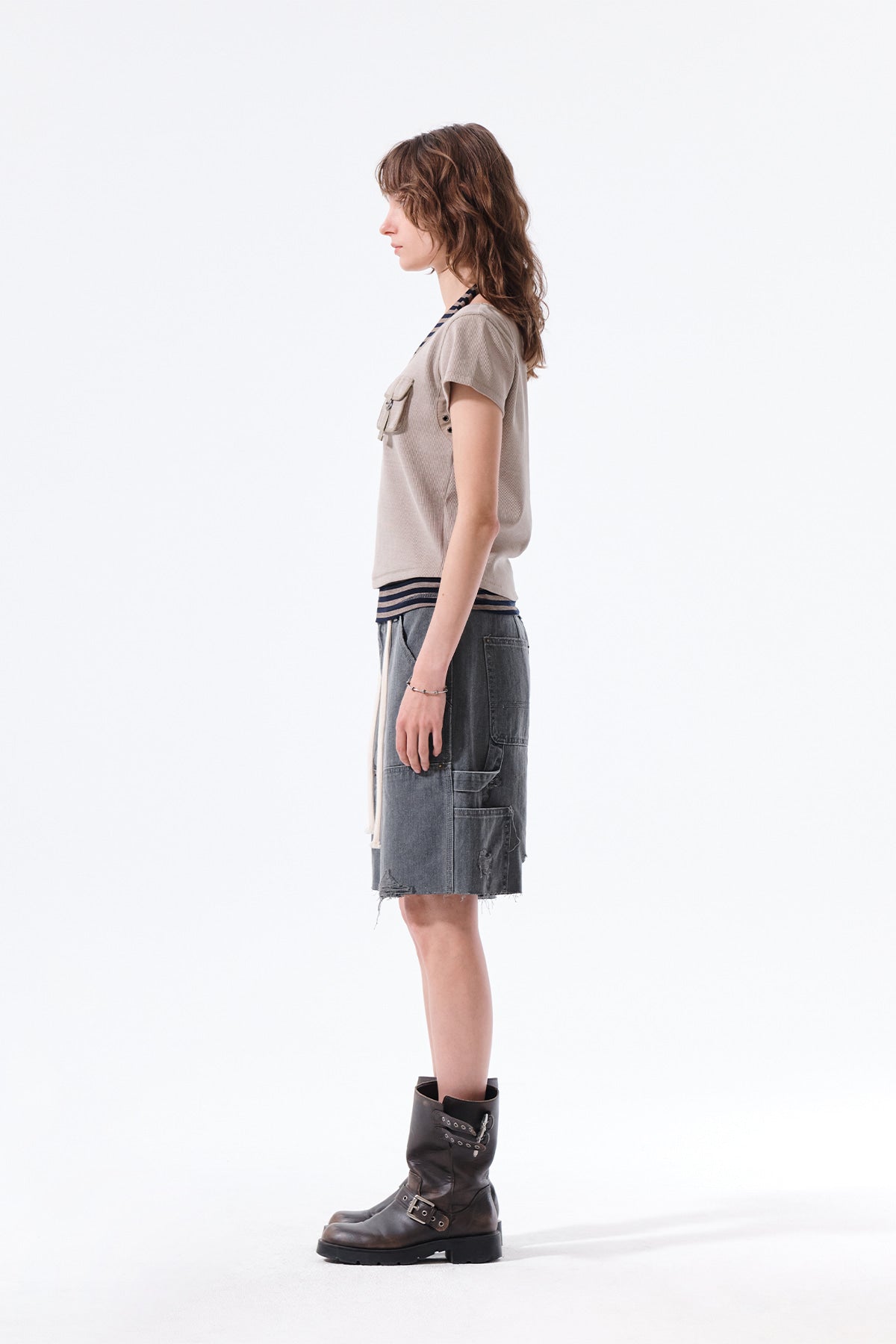 Matin Kim - Heringbone Raw Cut Denim Shorts (Grey) product image 7 | TRAB K-Fashion Australia