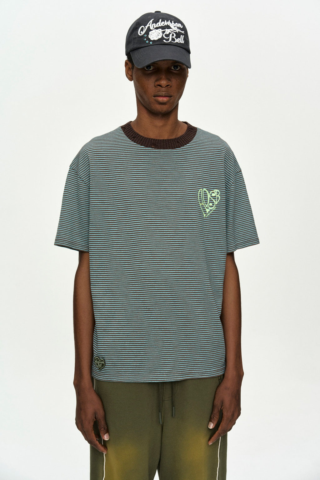 Andersson Bell - (essential) Heart Logo Stripe T-Shirt (Choco/Mint) product image 1 | TRAB K-Fashion Australia