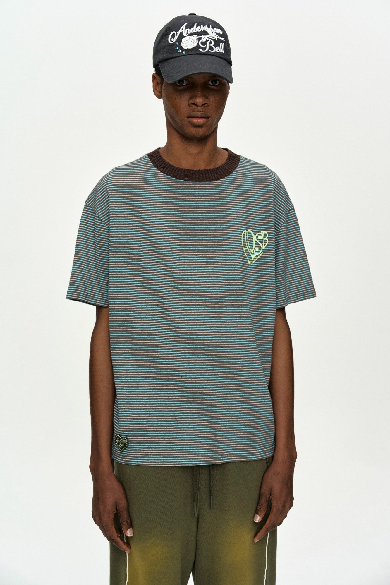 Andersson Bell - (essential) Heart Logo Stripe T-Shirt (Choco/Mint) product image 1 | TRAB K-Fashion Australia