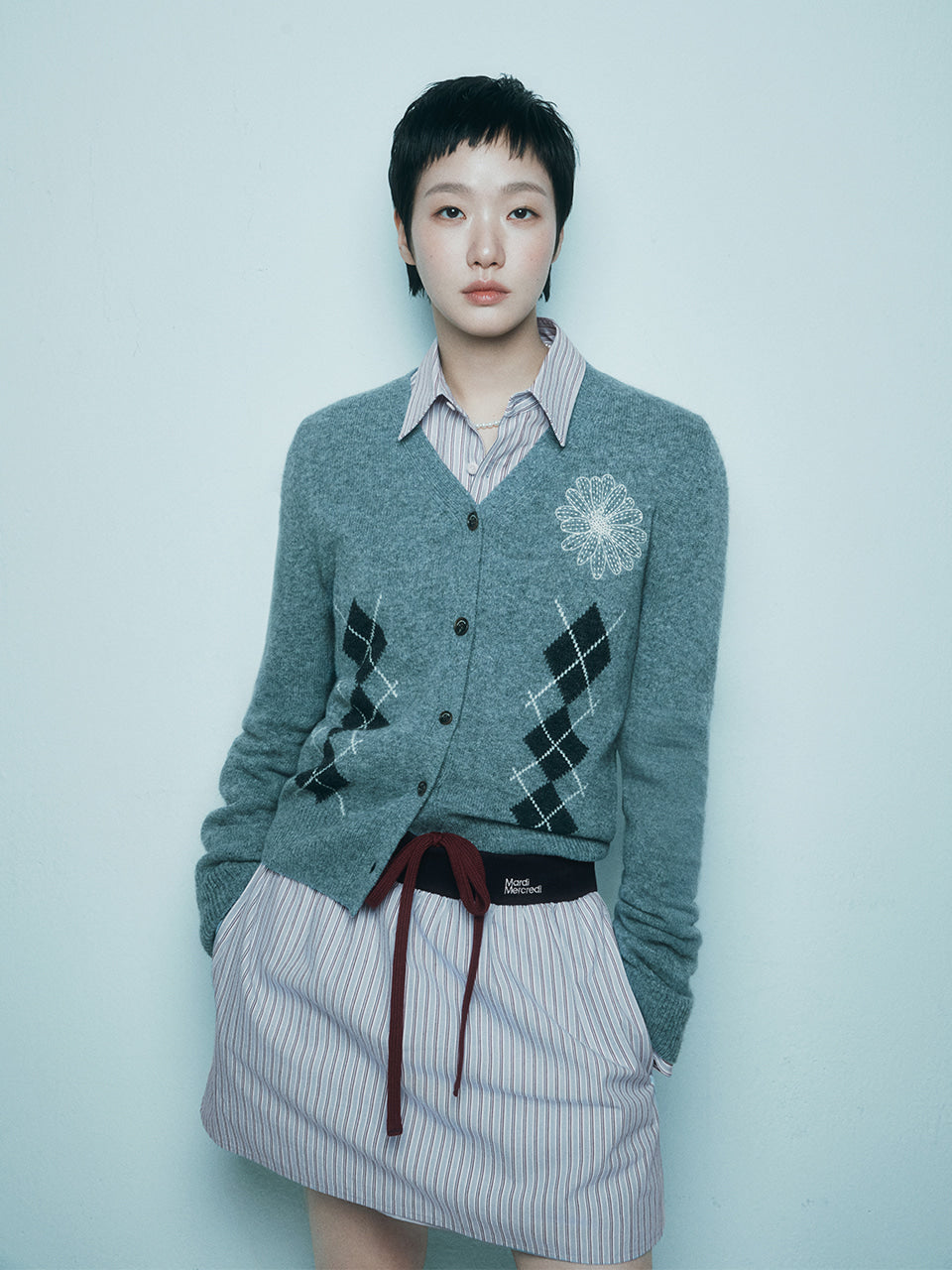 Mardi Mercredi - Cashmere Blended Cardigan V Neck Argyle (Grey Cream) product image 1 | TRAB K-Fashion Australia