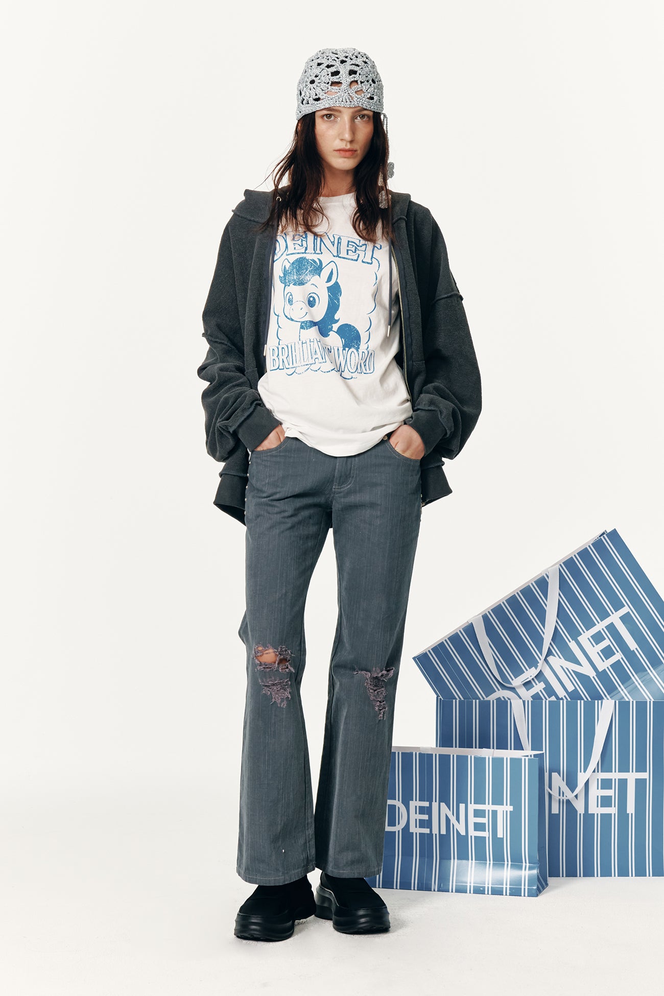 Deinet - Stud Line Damege Boots Cut Denim (Grey) product image 1 | TRAB K-Fashion Australia