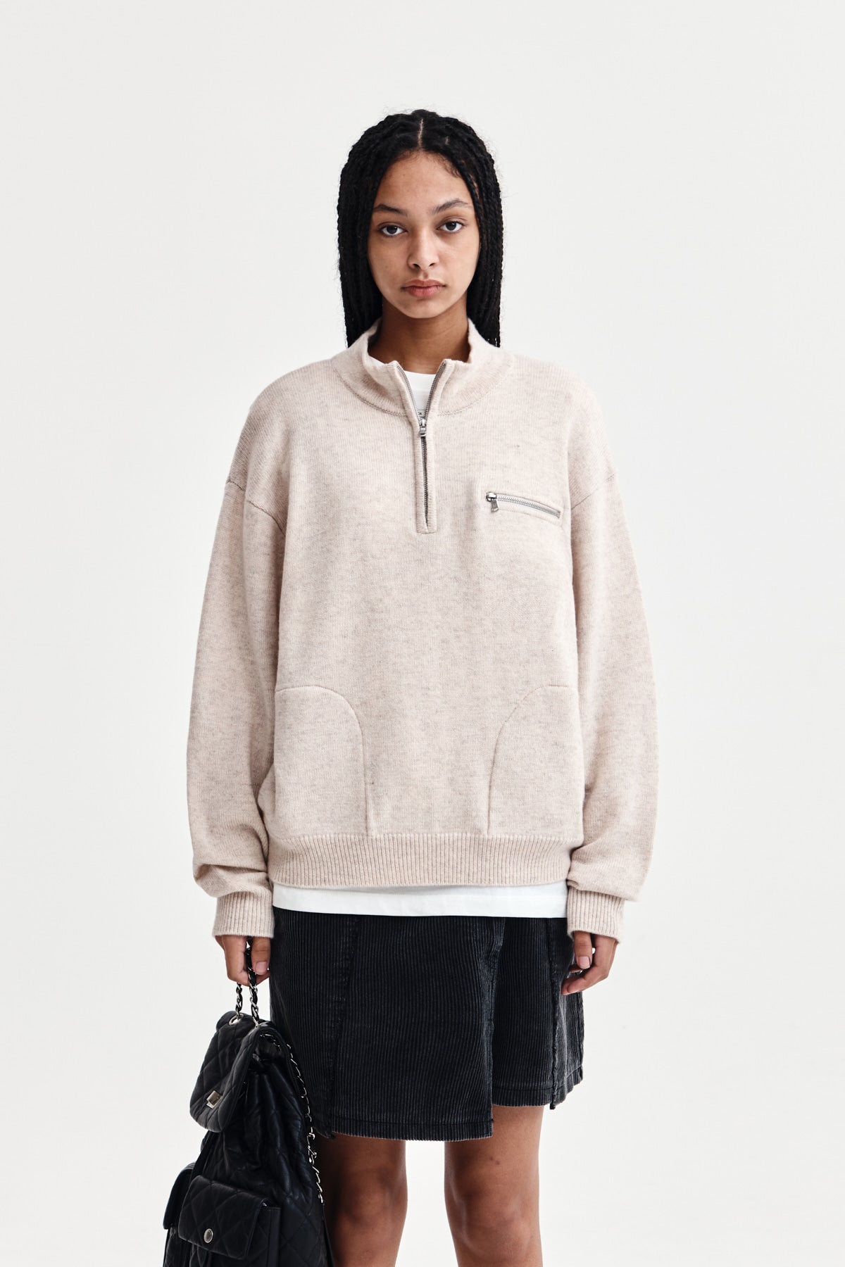 Matin Kim - Back Logo Half Knit Zip Up Pullover (Light Beige) product image 1 | TRAB K-Fashion Australia
