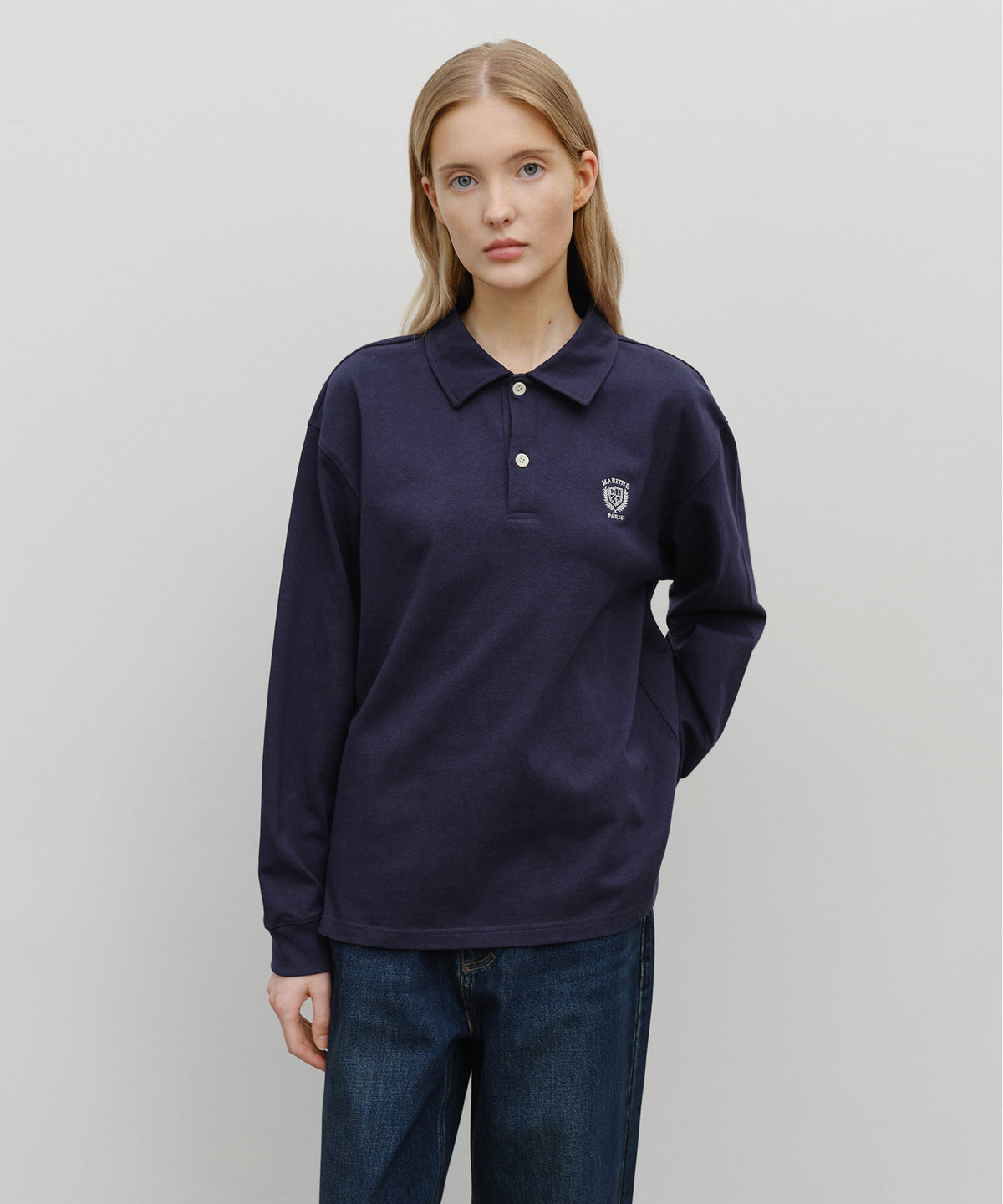 Marithe & Francois Girbaud - Crest Logo Jersey Polo Long Sleeve (Navy) product image 1 | TRAB K-Fashion Australia