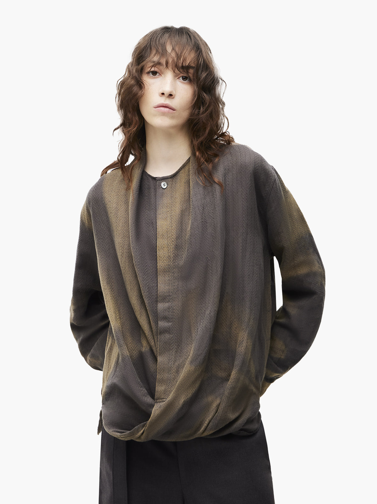 Jiyong Kim - Sun-Bleached Drape Shirt (Khaki) product image 4 | TRAB K-Fashion Australia
