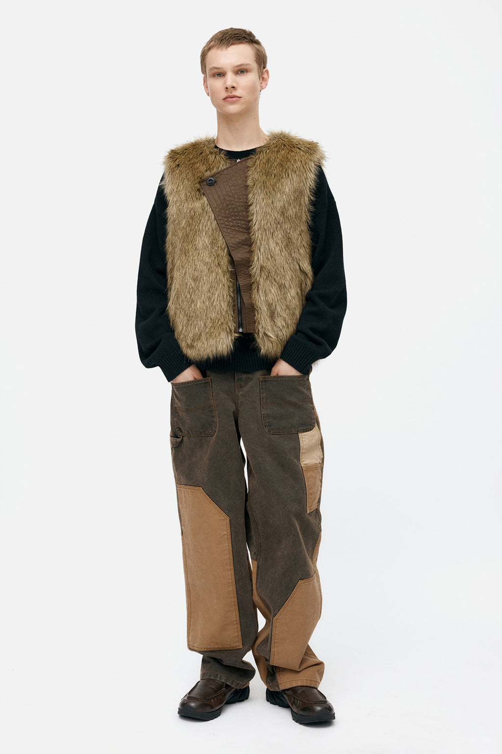 Andersson Bell - Unisex Curved Placket Reversible Faux-Fur Vest (Brown) product image 8 | TRAB K-Fashion Australia