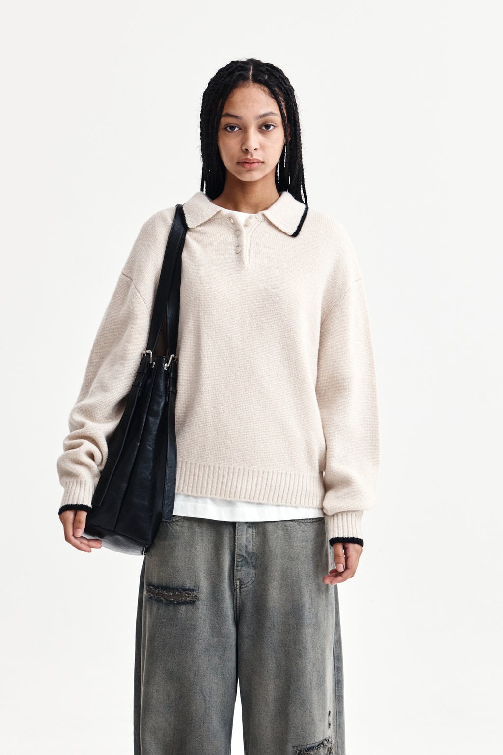 Matin Kim - Back Logo Collar Knit Top (Ivory) product image 1 | TRAB K-Fashion Australia
