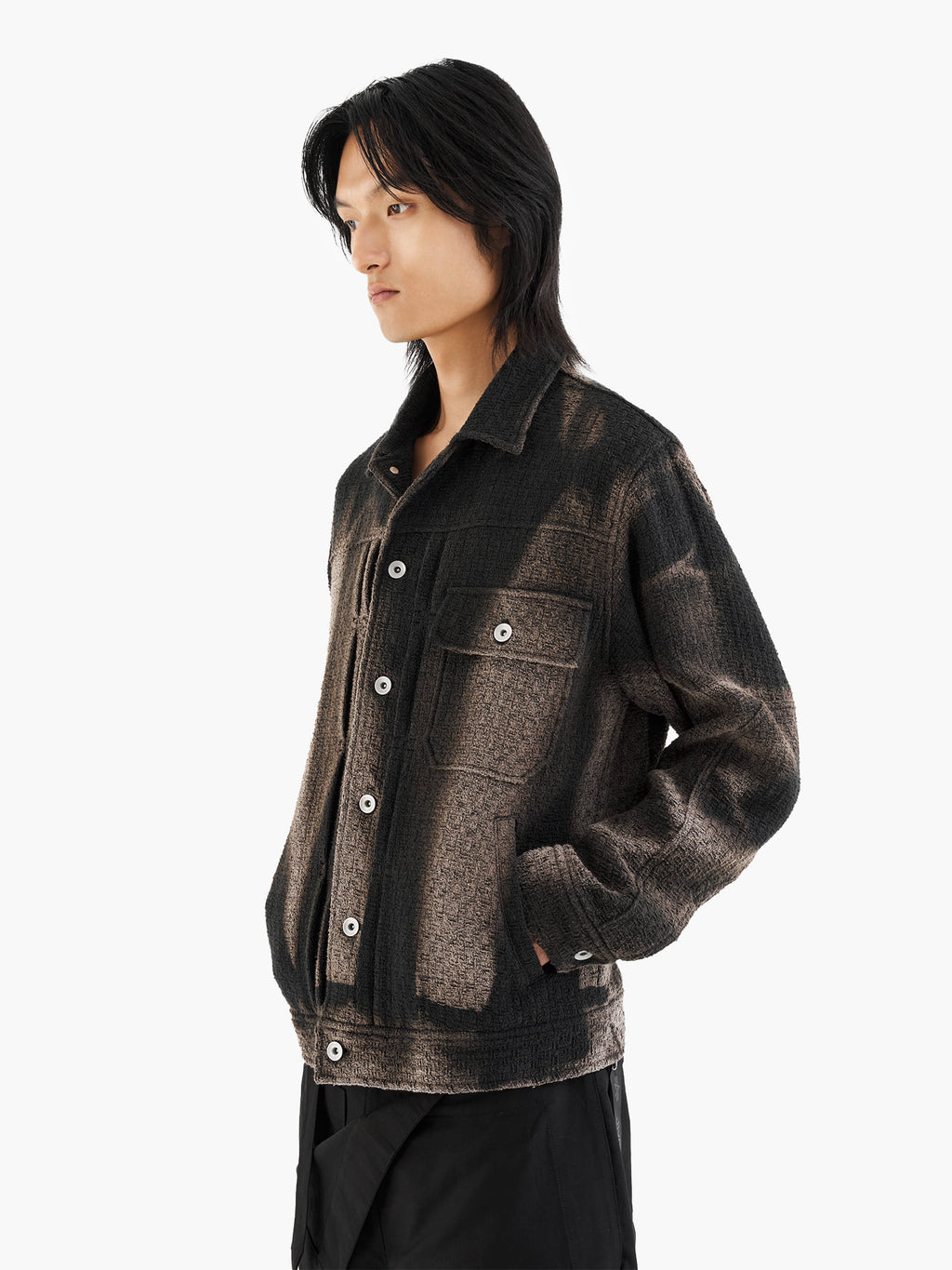 Jiyong Kim - Sun-Bleached Tweed Trucker Jacket (Black) product image 2 | TRAB K-Fashion Australia