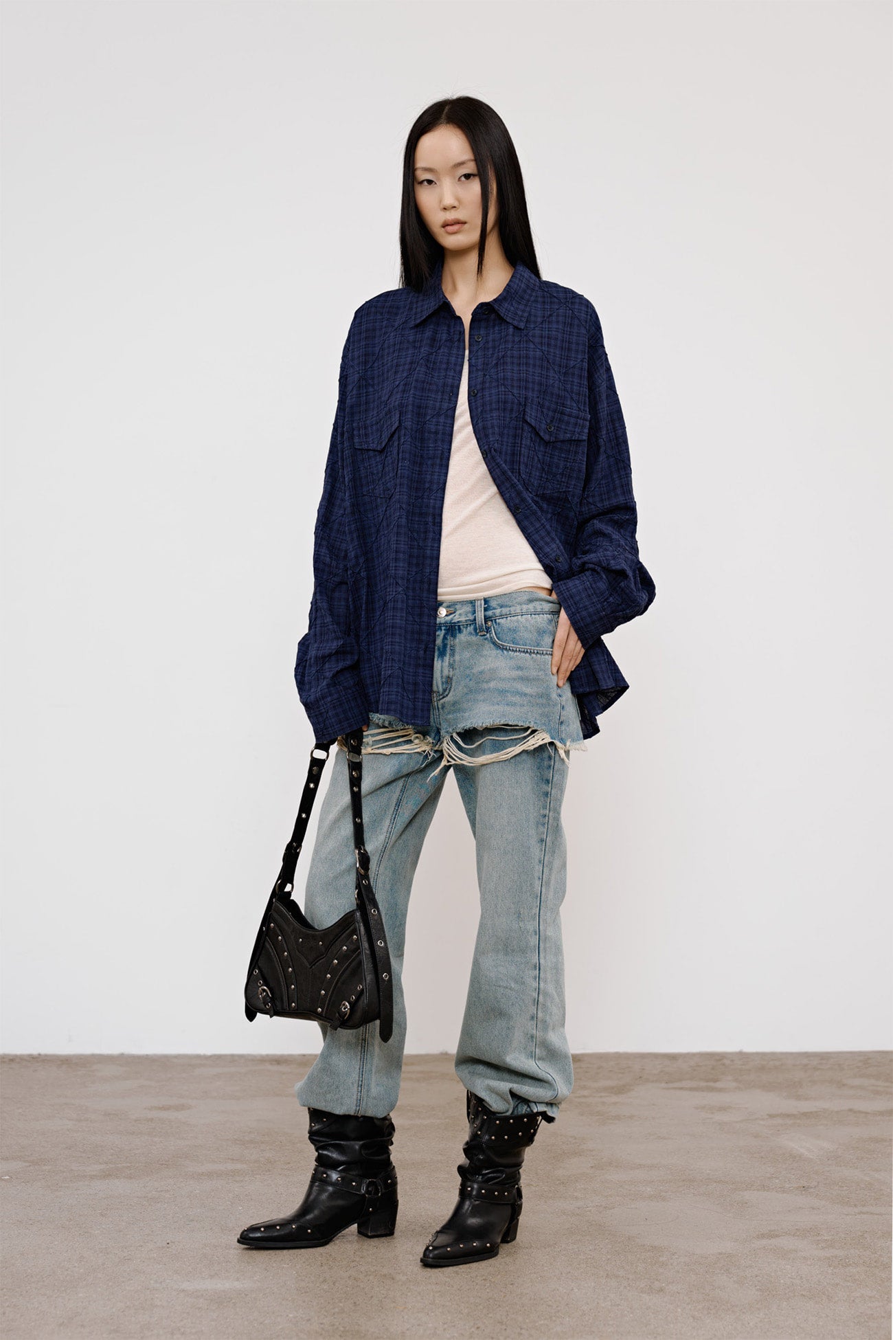 Deinet - Double Checkered Overfit Shirt (Navy) product image 5 | TRAB K-Fashion Australia