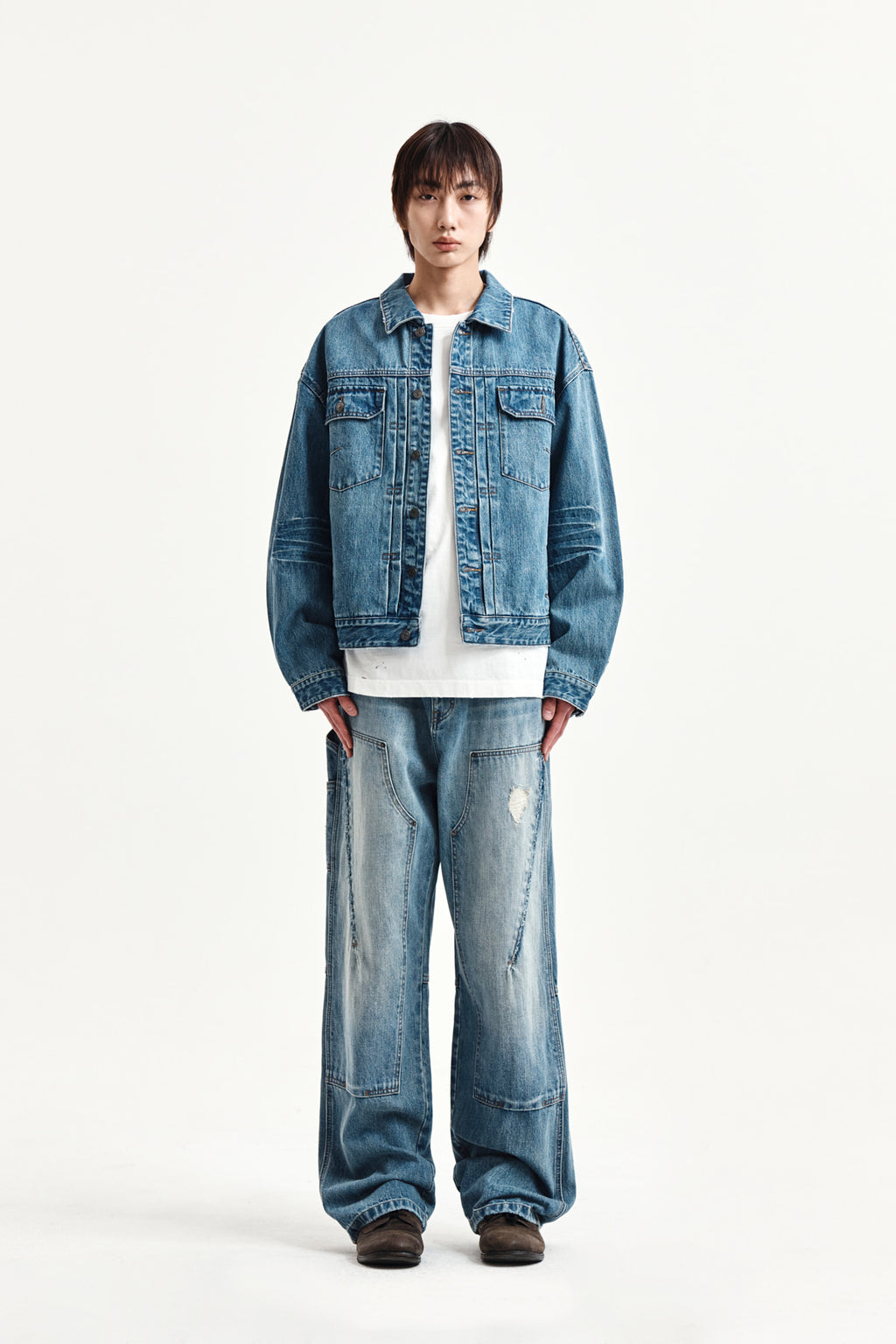 Matin Kim - Vintage Washed Double Knee Denim Pants (Blue) product image 6 | TRAB K-Fashion Australia