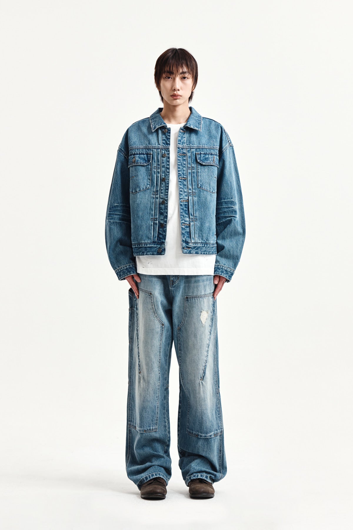 Matin Kim - Vintage Washed Double Knee Denim Pants (Blue) product image 6 | TRAB K-Fashion Australia