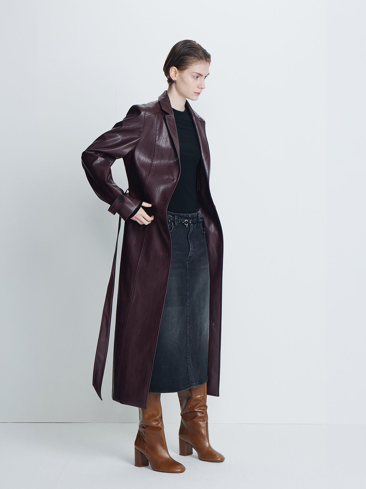 Tonywack - Faux Leather Single-Breasted Long Coat (Dark Burgundy) product image 7 | TRAB K-Fashion Australia