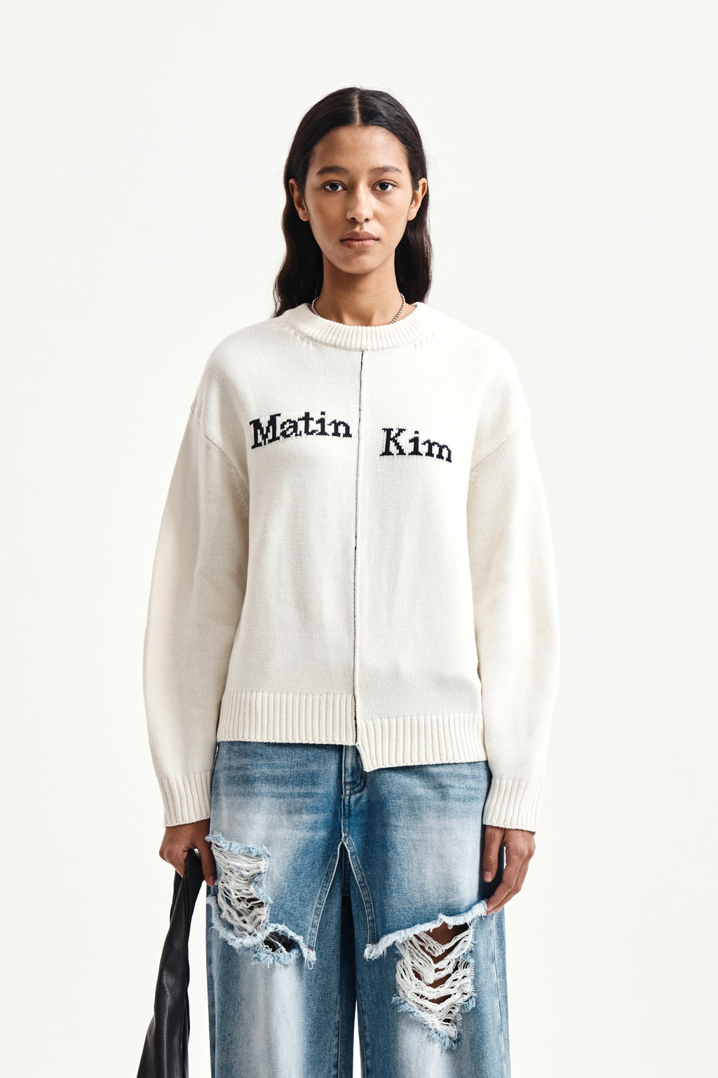 Matin Kim - Asymmetric Logo Knit Pullover (Ivory) product image 15 | TRAB K-Fashion Australia