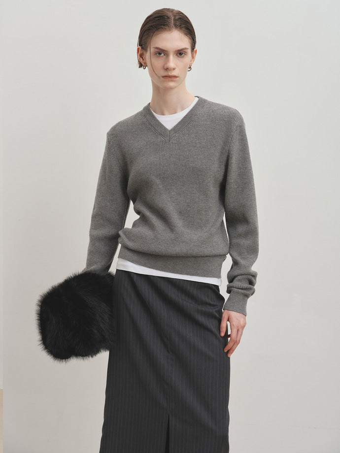 Tonywack - Super Fine Wool Ribbed V-Neck Sweater (Melange Grey) product image 3 | TRAB K-Fashion Australia