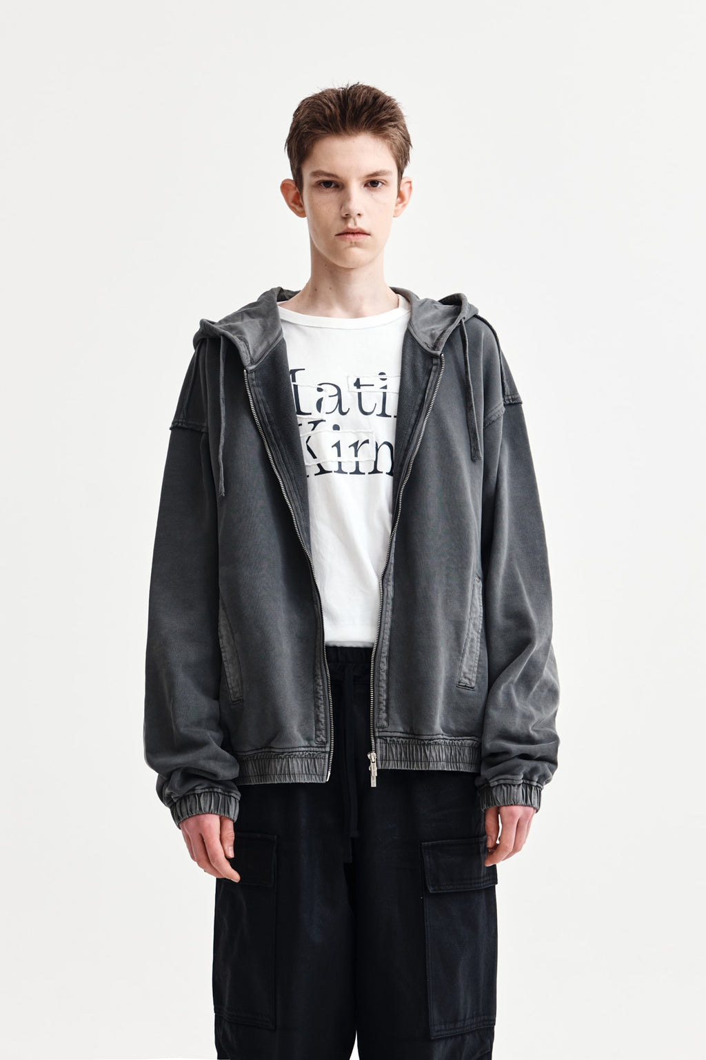 Matin Kim - Back Logo Pigment Dyed Zip Up Hoody (Charcoal) product image 1 | TRAB K-Fashion Australia