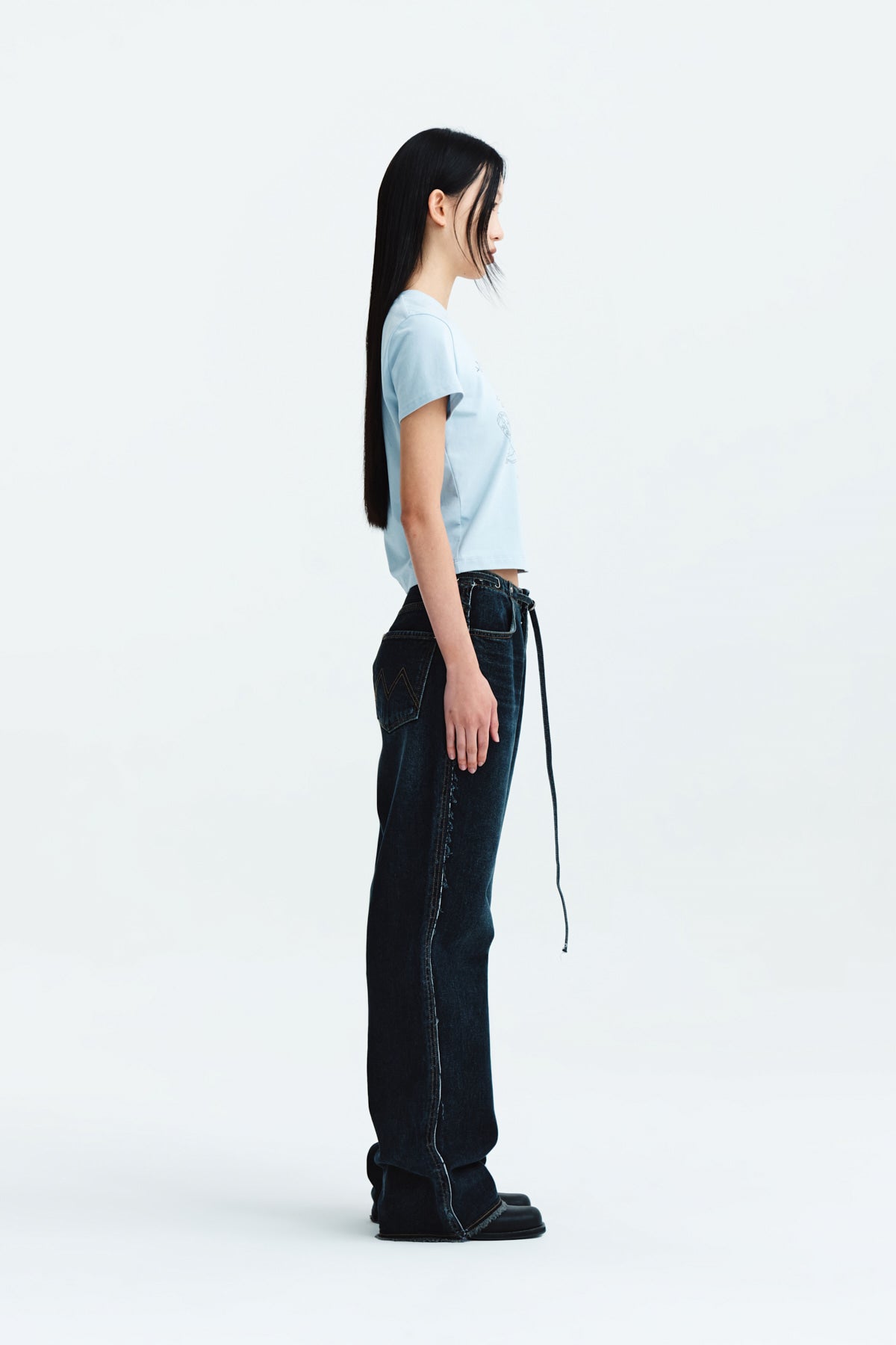 Matin Kim - Waist String Belted Denim Pants (Navy) product image 6 | TRAB K-Fashion Australia