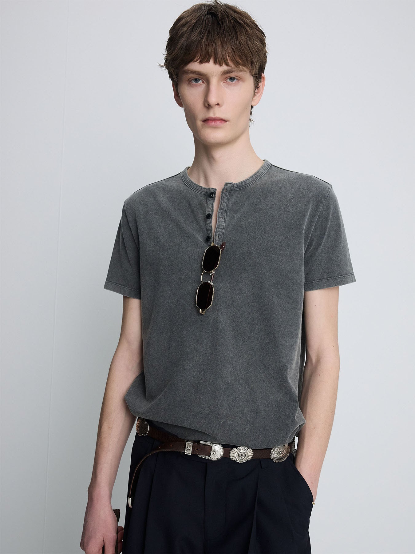 Tonywack - Garment Dyed Henley Neck Top (Charcoal) product image 1 | TRAB K-Fashion Australia