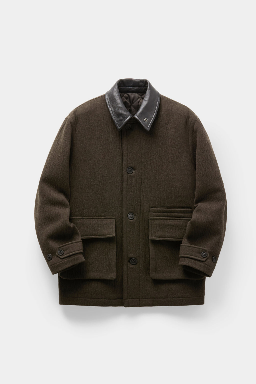 Coor - Trimming Leather Patchwork Coat (Dark Green) product image 1 | TRAB K-Fashion Australia