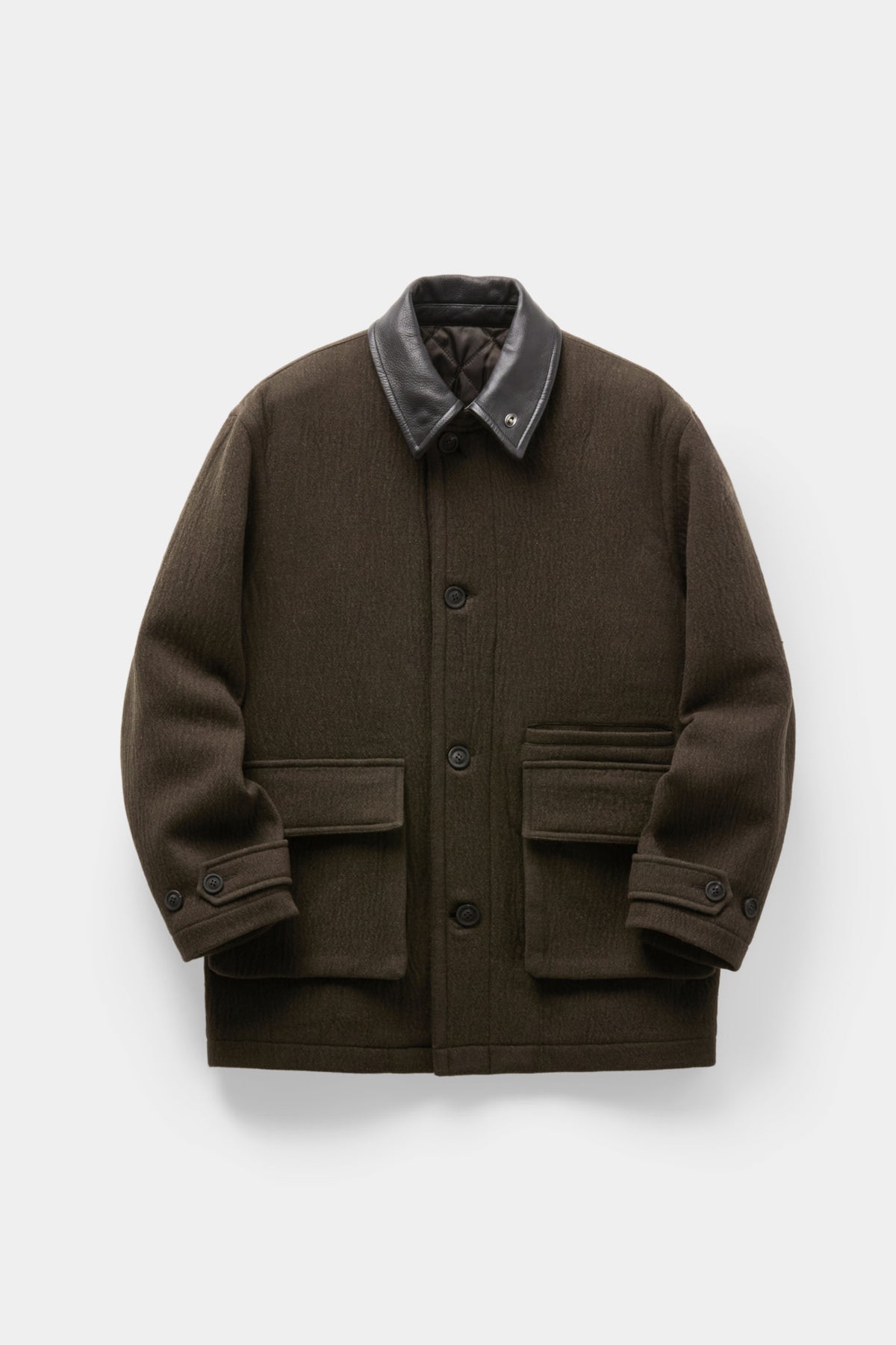 Coor - Trimming Leather Patchwork Coat (Dark Green) product image 1 | TRAB K-Fashion Australia