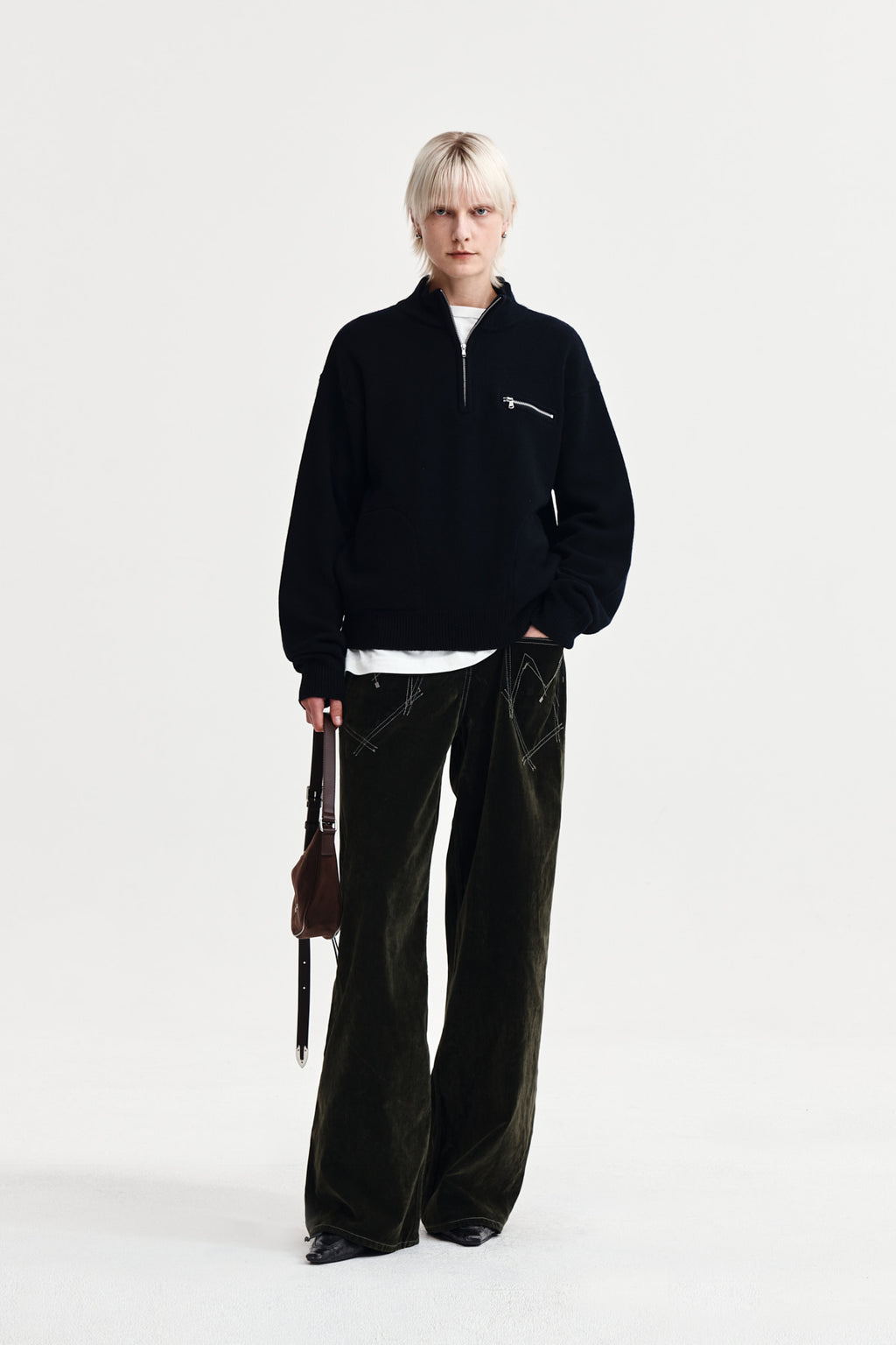 Matin Kim - Back Logo Half Knit Zip Up Pullover (Navy) product image 8 | TRAB K-Fashion Australia