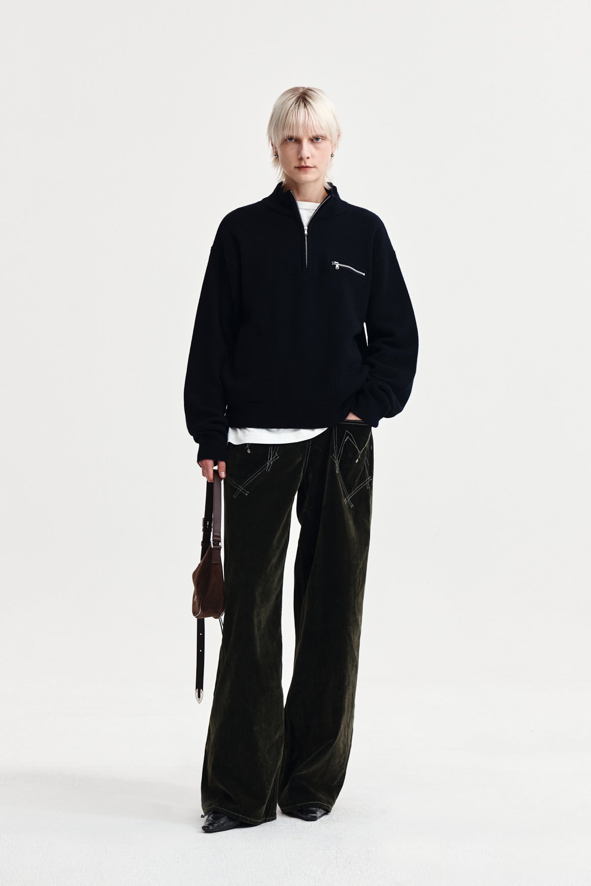 Matin Kim - Back Logo Half Knit Zip Up Pullover (Navy) product image 8 | TRAB K-Fashion Australia