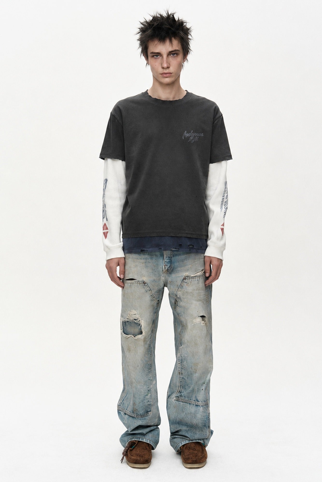 Andersson Bell - Distress Layered Long Sleeve T-Shirt (charcoal) (Charcoal) product image 1 | TRAB K-Fashion Australia